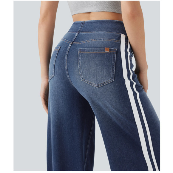 Halara Flex Denim Wide-Leg Jeans NWOT Large High-Waisted Side Stripe Athleisure - Picture 2 of 9